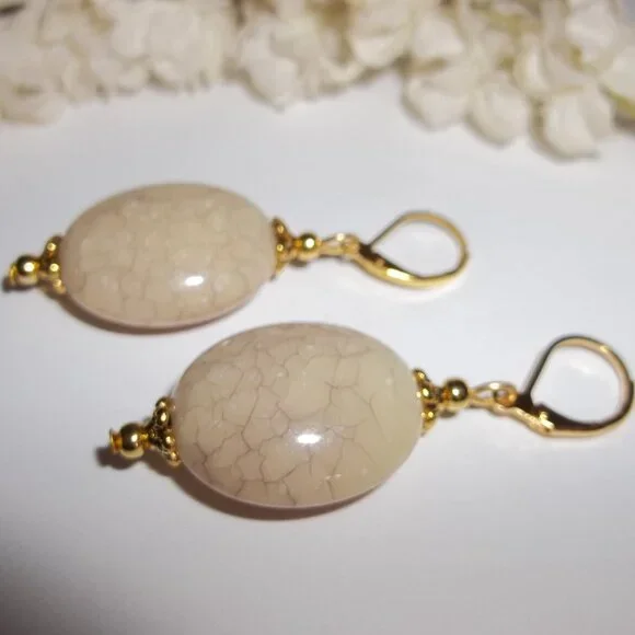 Tan Statement Earrings Gold Dangle Drop Beaded Jewelry Gift Set Woman Oval C763 - Picture 4 of 6